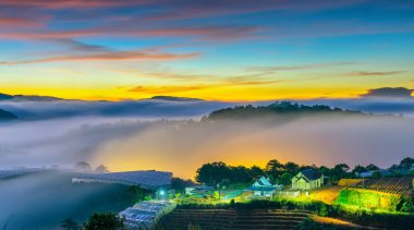 Hillside güneşin ufuk olarak üzerinde gündoğumu yansıtan ışık parlak sarı gökyüzü. Bulutlu sis kaplı vadiler sular altında çam ormanlar etkileyici güzellik highlands sabah oluşturmak.