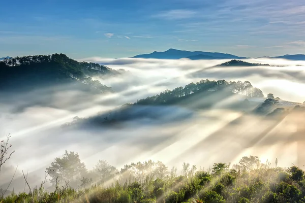 Schöner Sonnenaufgang Durch Den Nebel Mit Langen Schatten Und Sonnenstrahlen — Stockfoto