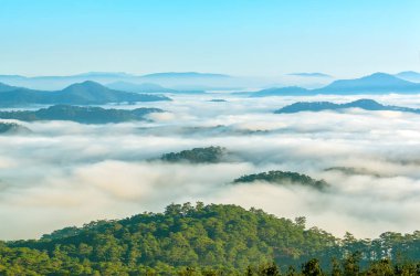 Kurtlar Vadisi bulutlar harika pastoral Dalat, Vietnam dağlarında yüzer gibi manzara sabah sis kaplı