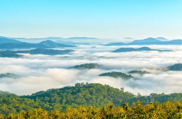 Krajina Ráno Mlha Zahrnuty Údolí Jako Oblaka Vznášející Nádherné Idylické — Stock fotografie