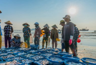 MUI Ne, Vietnam - 28 Eylül 2018: Sepet balık satış içinde balık pazarı oturum denizler sahne kişi toplandı yorucu kürek balıkçılar balık kıyıya balıkçı köyü MUI Ne, Vietnam getirdi