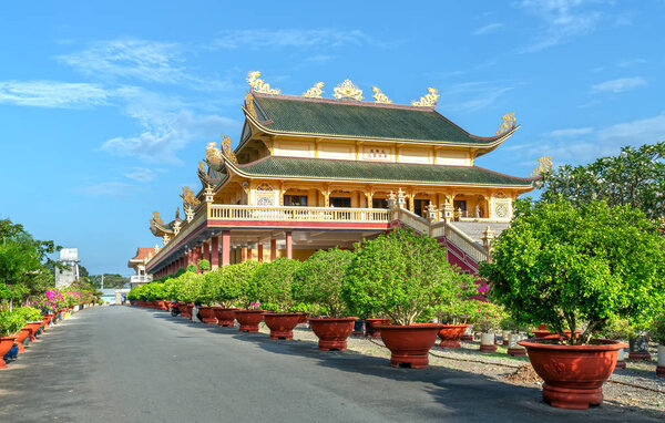 Vung Tau, Vietnam - September 30th, 2018: Architecture presbytery temple Dai Tong Lam afternoon sunshine, which attracts tourists to visit spiritually and relax soul on weekends in Vung Tau, Vietnam