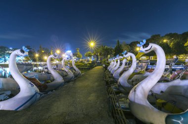 Da Lat, Vietnam - 26 Ekim 2018: Kuğu kürek tekneler geceleri bir gölde. Bunlar büyük göl içinde turistik şehir Da Lat, Vietnam hafta sonu dinlenmek çiftler için tekne..