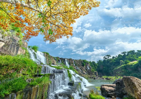 前景广阔的瀑布是越南大叻高原上的秋叶 这被称为东南亚第一个野生瀑布 吸引了众多游客前来参观 — 图库照片