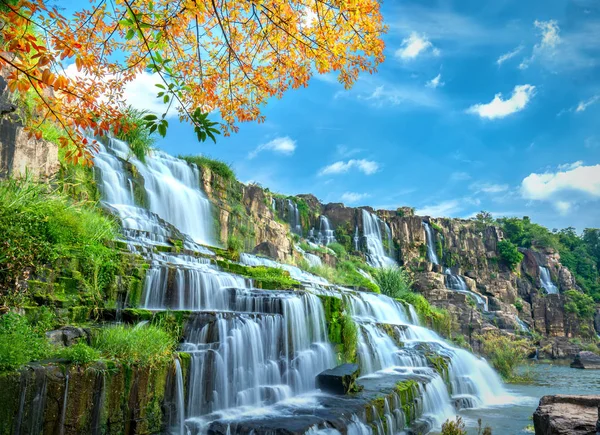 Mistica Cascata Con Primo Piano Foglie Autunnali Nell Altopiano Lat — Foto Stock