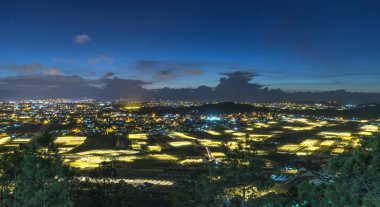 Çiçek ve sebze bitki seralar ile Da Lat bir vadiŞehir gece sahnesi. Güneş battığında mavi saat anları ışık vadi güzellikleri romantik yayla Vietnam süslüyor zamanı