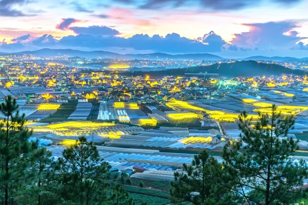City night scene of a valley in Da Lat with greenhouses to plant flowers and vegetables. Blue hour moments when the sun sets it\'s time to light valley beauties adorn the romantic highland Vietnam