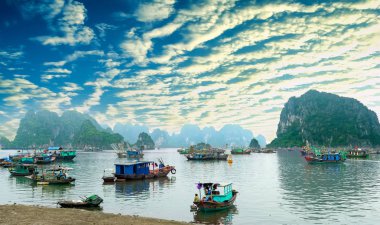 Halong Bay Cat Ba Harbor, Vietnam birçok balıkçı tekneleri demirlemiş. Bu doğal bir Dünya Mirası Alanı olarak kabul edilir