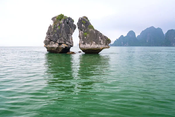 The limestone island shape Kissing or Chicken fight at Halong bay. This is also considered a tourist symbol of Halong Bay, Vietnam and the UNESCO natural World Heritage Site