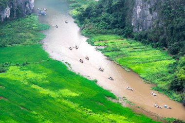 Tam Coc, Ninh Binh, Vietnam'da Ngo Dong nehri üzerinde pirinç tarlası görme görmek için turistik binmek tekne