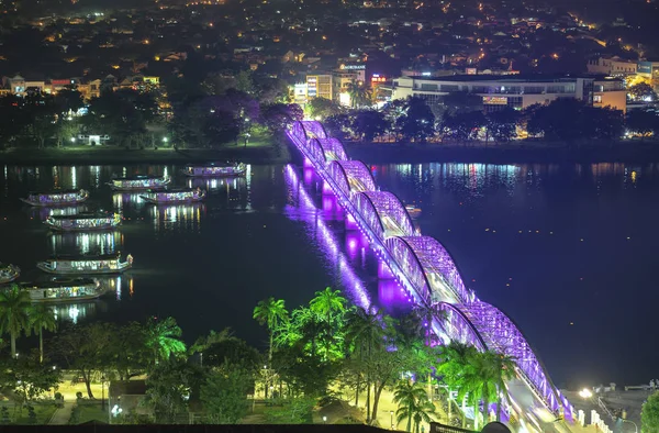 Bunte Nahaufnahme Trang Tien Brücke Nachtsicht Von Oben Farbton Stadt — Stockfoto