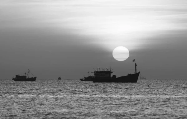 Meereslandschaft Morgengrauen Wenn Fischerboote Aufs Meer Hinausfahren Fische Ernten Den — Stockfoto