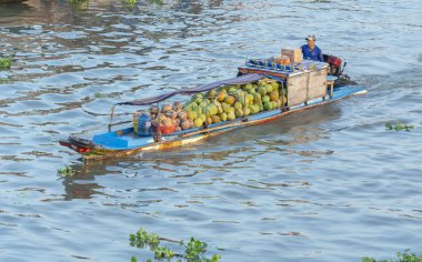 Soc Trang, Vietnam - 30 Ocak 2019: Soc Trang, Vietnam'ın Mekong Deltası'nda yüzen pazarlarda ticaret yapmak üzere teknelerle taşınan tarım ürünleri