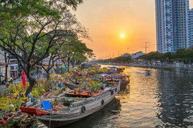 Ho Chi Minh City, Vietnam - 3 Şubat 2019: Kanal iskelesi boyunca gün batımı tekne rıhtım çiçek pazarı. Bu yer çiftçilerin Ho Chi Minh şehirde Ay Yeni Yıl kayısı ve diğer çiçekler satmak, Vietnam