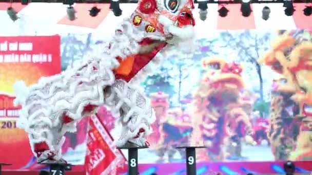 胡志明市 2018年12月30日 越南胡志明市 在越南胡志明市 舞狮练习者们通过征服柱子上的高峰来迎接农历新年 — 图库视频影像