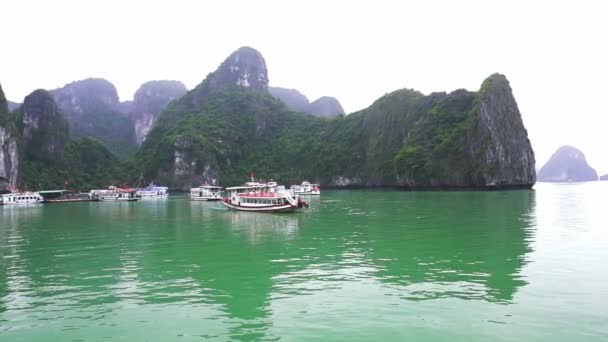 Залив Халонг Вьетнам Апреля 2019 Года Туристический Круизный Корабль Движущийся — стоковое видео