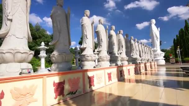 2019年7月27日 晴れた夏の正午に仏像が並ぶ廊下は ベトナムのブンタウ近くの寺院の精神的な存在を啓発するために最大の仏につながります — ストック動画