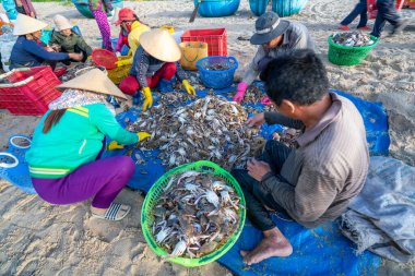 Phan Thiet, Vietnam - 12 Temmuz 2020: Deniz ürünleri pazarı oturumu denizleri, insanlar yengeçlerin, salyangozların ve balıkların içinde toplanıyor, kürek çeken balıkçı balıkları Phan Thiet, Vietnam 'daki balıkçı köyüne getirildi.