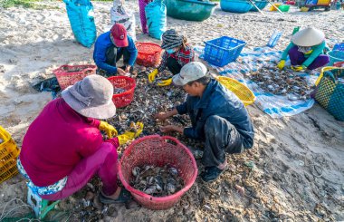 Phan Thiet, Vietnam - 12 Temmuz 2020: Deniz ürünleri pazarı oturumu denizleri, insanlar yengeçlerin, salyangozların ve balıkların içinde toplanıyor, kürek çeken balıkçı balıkları Phan Thiet, Vietnam 'daki balıkçı köyüne getirildi.