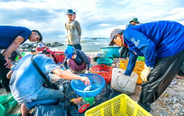 Phan Thiet, Vietnam - 12 Temmuz 2020: Deniz ürünleri pazarı oturumu denizleri, insanlar yengeçlerin, salyangozların ve balıkların içinde toplanıyor, kürek çeken balıkçı balıkları Phan Thiet, Vietnam 'daki balıkçı köyüne getirildi.