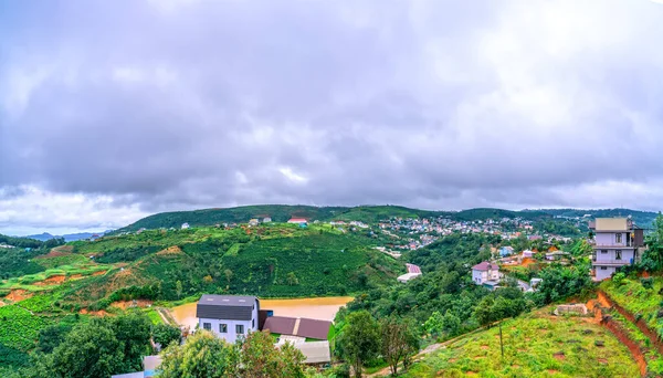 Small Town Stormy Morning Moving Clouds Top Hill Valley Peaceful — Stock Photo, Image