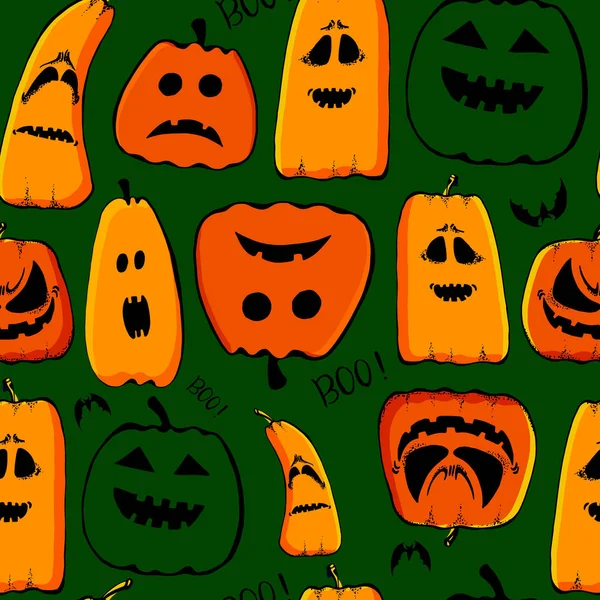 Halloween vacances fond de motif sans couture avec des éléments de dessin à la main citrouille, fantôme, chat et crâne. Illustration vectorielle — Image vectorielle