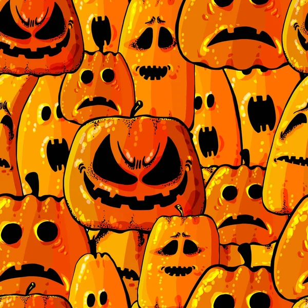 Halloween semester sömlös mönster bakgrund med handritning element - pumpa, spöke, katt och skalle. Vektorillustration — Stock vektor