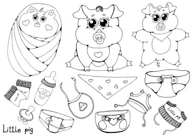 . Küçük domuz farklı teşkil etmektedir. Temiz ve çamur. Beyaz arka plan üzerinde izole düz vektör çizim.