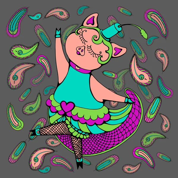 Cerdo en traje de cabaret bailando cancán en plumas — Vector de stock