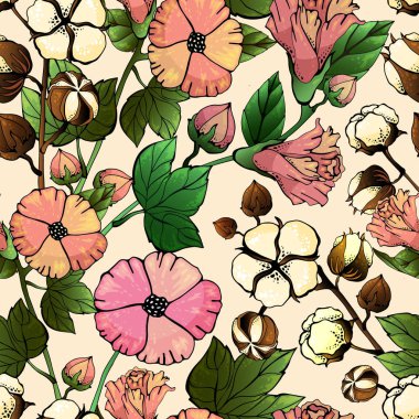 Pamuk tomurcuk yaprağı çiçek vektör el çizilmiş dikişsiz desen, ambalaj, etiket, kimlik, markalaşma. Pamuk çiçeklerile şık dikişsiz desen doku tasarımı.