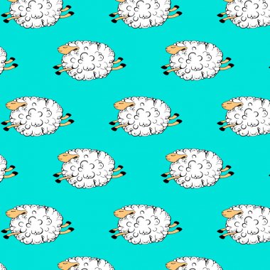 mavi bir arka plan üzerinde uçan beyaz koyun. dans eden koyun. yükselen koyun. koyun ile sorunsuz desen. vektör illüstrasyon.