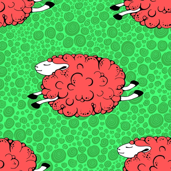 Fliegende rosa Schafe auf grünem Hintergrund mit Locken. Tanzende Schafe. Schafe in die Höhe schießen. nahtloses Muster mit Schafen. Vektorillustration. — Stockvektor