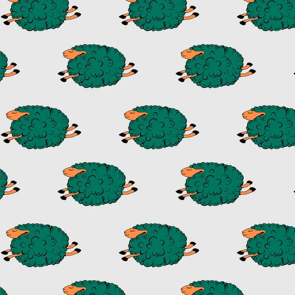 Flying green sheep on a grey background. dancing sheep. soaring sheep. seamless pattern with sheeps. vector illustration. — Stock Vector