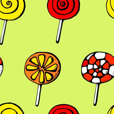 Düz stil tasarım yeşil arka plan üzerinde renkli lolipoplar. Sevimli şeker ile dikişsiz arka plan.