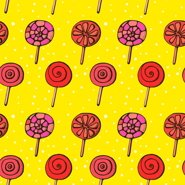 Düz stil tasarım sarı arka plan üzerinde renkli lolipoplar. Sevimli şeker ile dikişsiz arka plan.