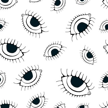 Göz dikişsiz desen. Vektör el çizilmiş göz kırpma, açık, kirpik arka plan ile gözler, beyaz backgraund izole