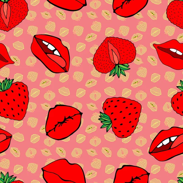 ●手描きシームレスパターン記号女性。コミックスタイル。唇とイチゴにキスピンクの背景に分離されたベクトル表面のデザイン — ストックベクタ
