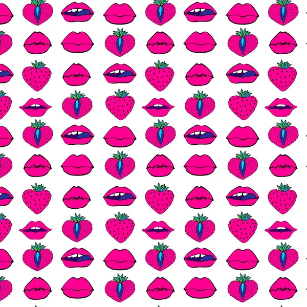 ●手描きシームレスパターン記号女性。コミックスタイル。唇とイチゴにキスベクトル表面設計は、白い背景を隔離 — ストックベクタ