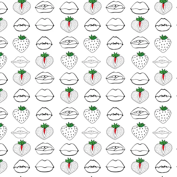 ●手描きシームレスパターン記号女性。コミックスタイル。唇とイチゴにキスベクトル表面設計は、白い背景を隔離 — ストックベクタ