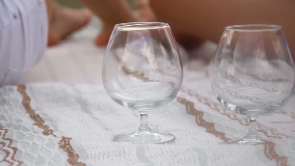 Giet wijn in een glas bij een picknick — Stockvideo