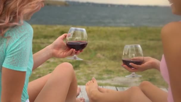 Las amigas beben vino en la playa. Novia montó un picnic en la playa — Vídeos de Stock