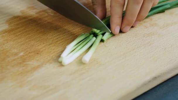 Mutfaktaki ahşap kesme tahtasının üzerinde taze yeşil soğanlar. Kadın eli, yeşil soğanları bıçakla kesiyor. Telifsiz Stok Video