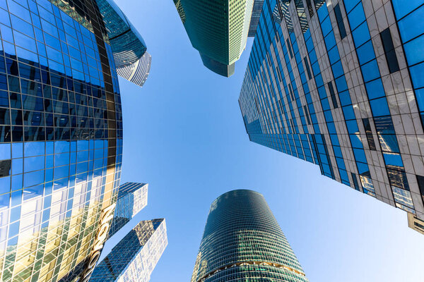 Perspective view of modern glass skyscrapers facades