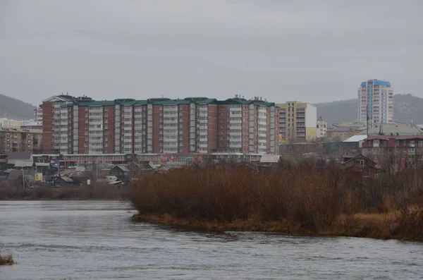 Ezen Képen Látható Épületek Folyó Viszont Háttér — Stock Fotó