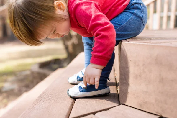 Ευχαρίστως toddler αγόρι δένοντας του πάνινα παπούτσια — Φωτογραφία Αρχείου