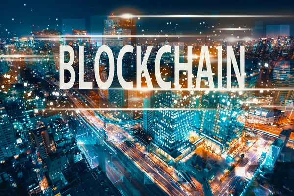 Blockchain mit Luftaufnahme von Tokio — Stockfoto