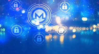 Gece şehir ışıkları ile monero cryptocurrency güvenlik Tema