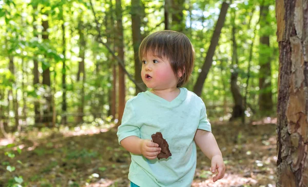 Toddler pojke leker i skogen — Stockfoto