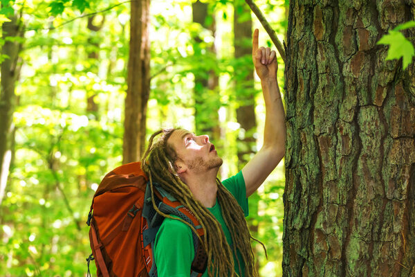 Male hiker with backpack pointing at overhead in the forest