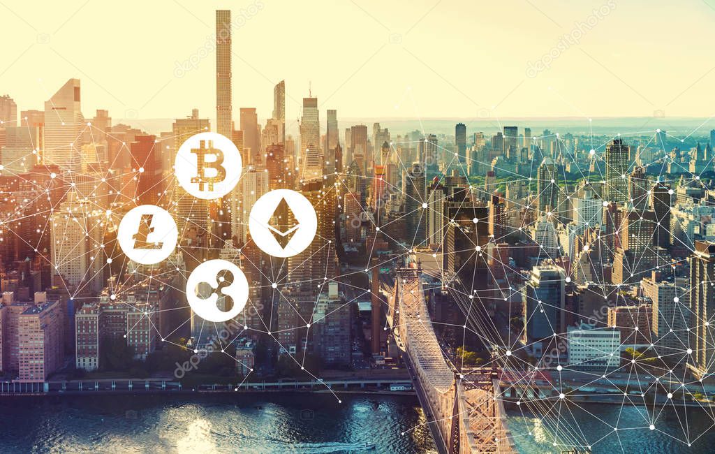 Cryptocurrency with the New York City skyline near Midtown